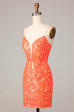 Sparkle 'til Dawn Bodycon Spaghetti Straps Oranje Pailletten Korte Homecoming Jurk