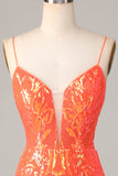 Sparkle 'til Dawn Bodycon Spaghetti Straps Oranje Pailletten Korte Homecoming Jurk