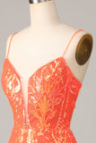 Sparkle 'til Dawn Bodycon Spaghetti Straps Oranje Pailletten Korte Homecoming Jurk