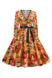 Oranje Latern Bedrukte Halloween Vintage jaren 1950 Jurk met Mouwen