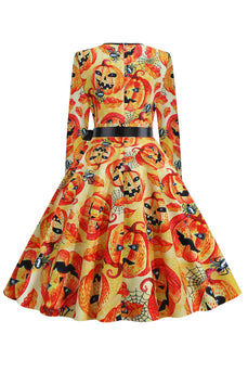 Oranje Latern Bedrukte Halloween Vintage jaren 1950 Jurk met Mouwen