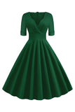 Groene V-hals korte mouwen 1950s swing jurk