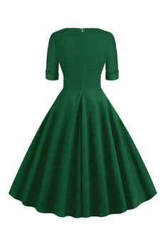 Groene V-hals korte mouwen 1950s swing jurk