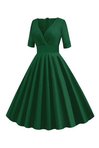 Groene V-hals korte mouwen 1950s swing jurk
