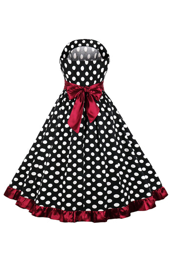 Zwarte Strapless Witte Polka Dots Belted 1950s Jurk met Ruches