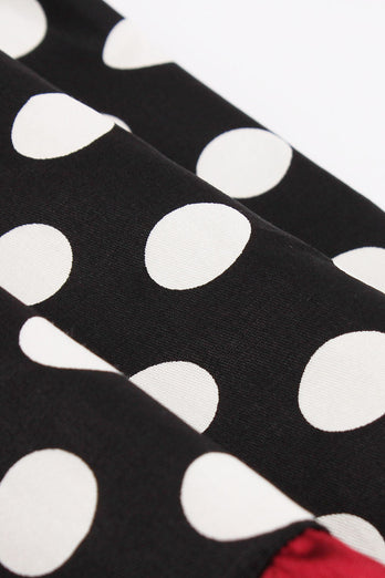 Zwarte Strapless Witte Polka Dots Belted 1950s Jurk met Ruches