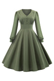 Groene V-hals lange mouwen Vintage swing jurk