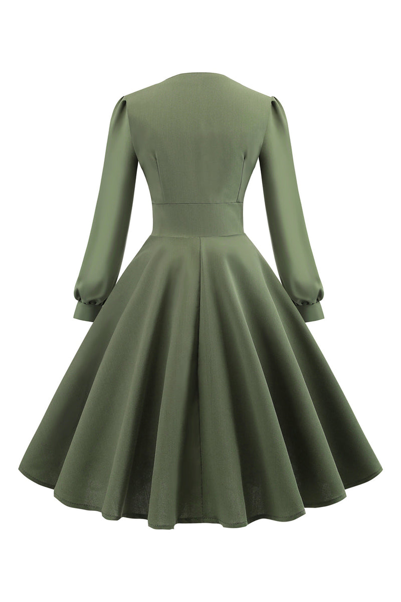 Afbeelding in Gallery-weergave laden, Groene V-hals lange mouwen Vintage swing jurk