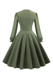 Groene V-hals lange mouwen Vintage swing jurk