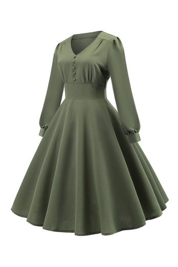 Groene V-hals lange mouwen Vintage swing jurk