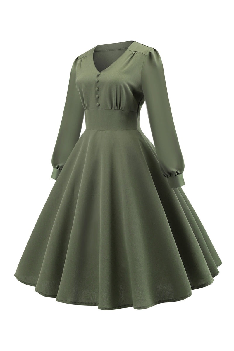 Afbeelding in Gallery-weergave laden, Groene V-hals lange mouwen Vintage swing jurk