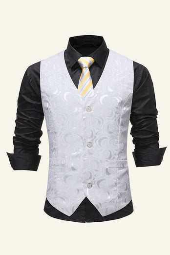 Single Breasted Revers Witte Print Heren Vest