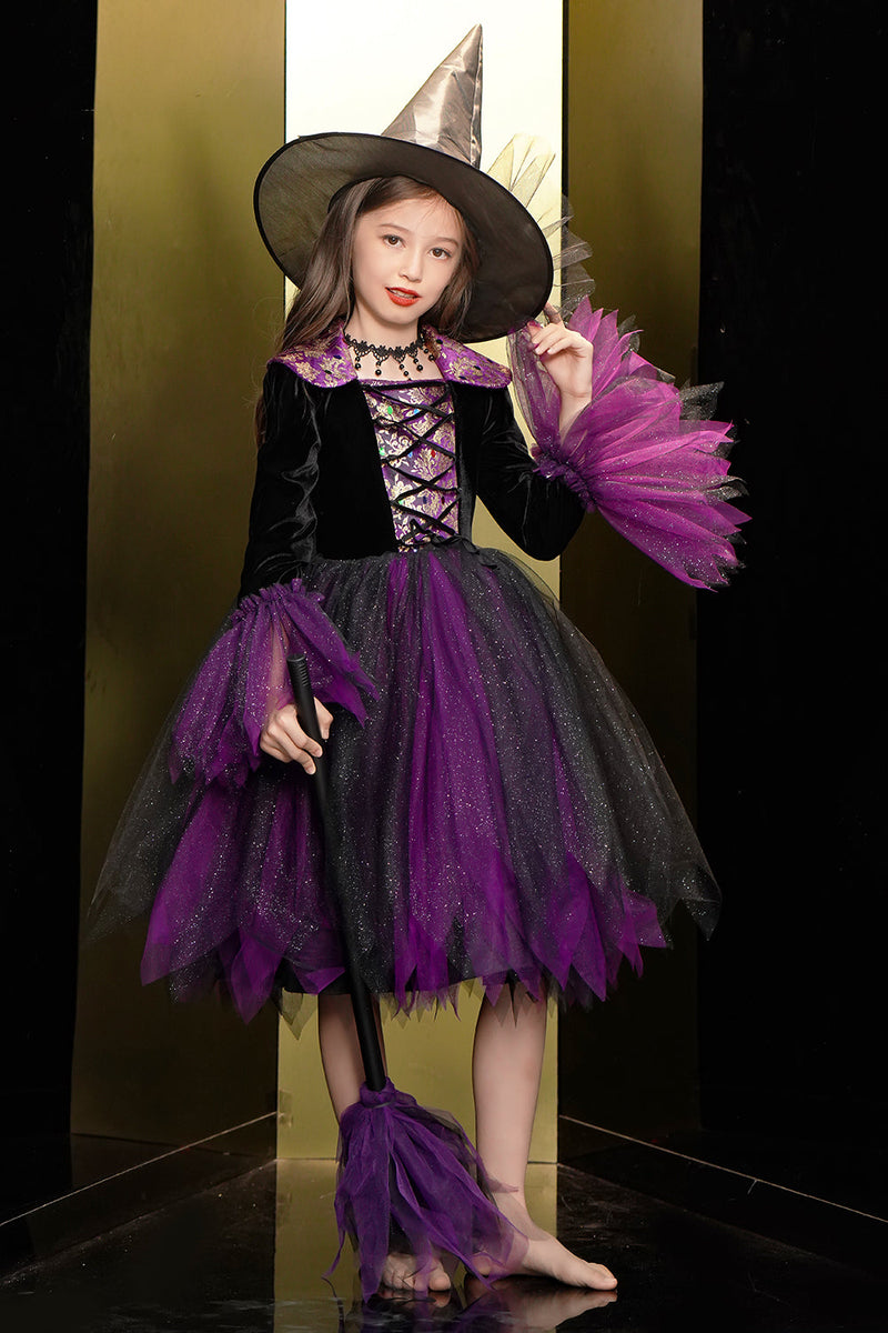 Afbeelding in Gallery-weergave laden, Sprankelende zwarte en paarse tule Halloween Girl Jurk