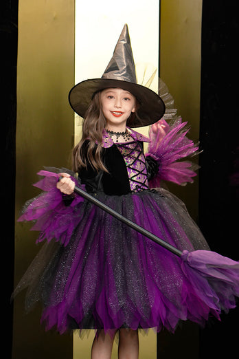 Sprankelende zwarte en paarse tule Halloween Girl Jurk