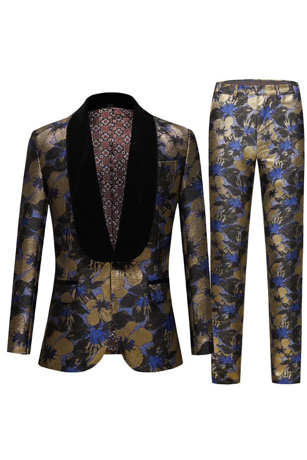 Blauwe Jacquard Shawl Revers Heren 2 Delige Prom Suits