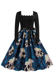 Halloween Blauwe Print Vintage Jurk met lange mouw