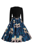 Halloween Blauwe Print Vintage Jurk met lange mouw