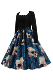 Halloween Blauwe Print Vintage Jurk met lange mouw