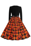 Oranje Print Halloween Retro Jurk met lange Mouwen