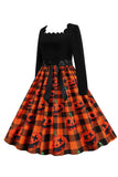 Oranje Print Halloween Retro Jurk met lange Mouwen