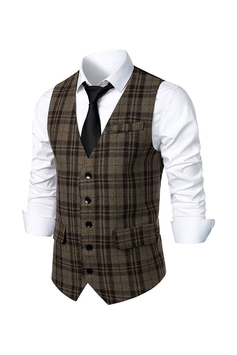 Afbeelding in Gallery-weergave laden, Donkerbruin gestreept Single Breasted Heren Retro Suit Vest