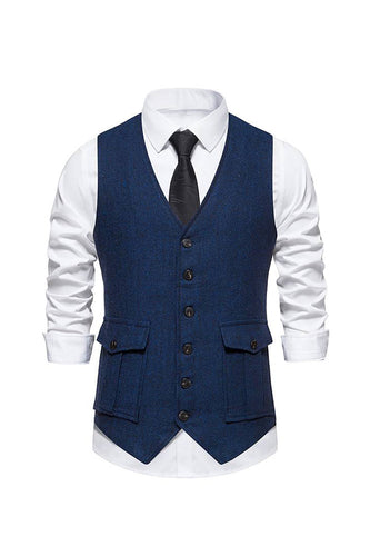 Donkerblauw Retro Single Breasted Driedimensionaal Pocket Heren Suit Vest