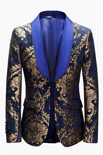 Royal Blue Heren Blazer Met Gouden Jacquard