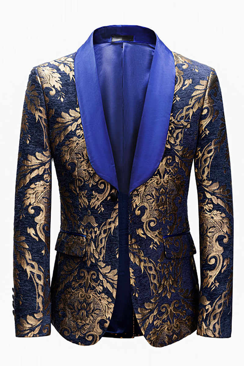 Afbeelding in Gallery-weergave laden, Royal Blue Heren Blazer Met Gouden Jacquard