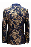 Royal Blue Heren Blazer Met Gouden Jacquard