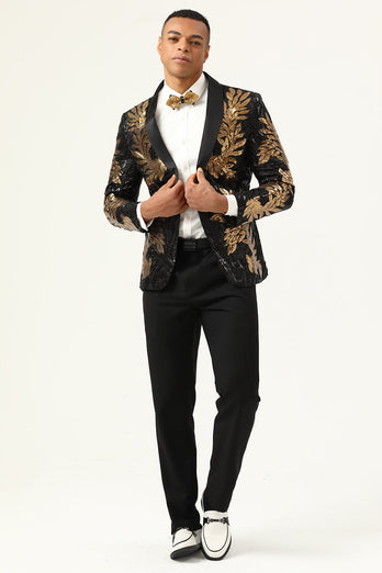 2-delige zwarte en gouden jacquard pailletten heren prom pakken