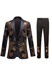 Zwart en goud Jacquard Pailletten Heren 2 Delige Prom Suits