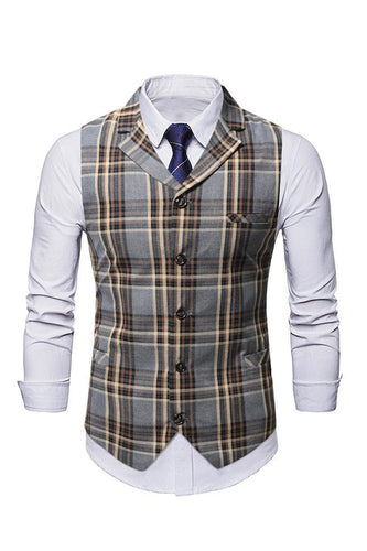 Check Single Breasted Grey Heren Casual Vest
