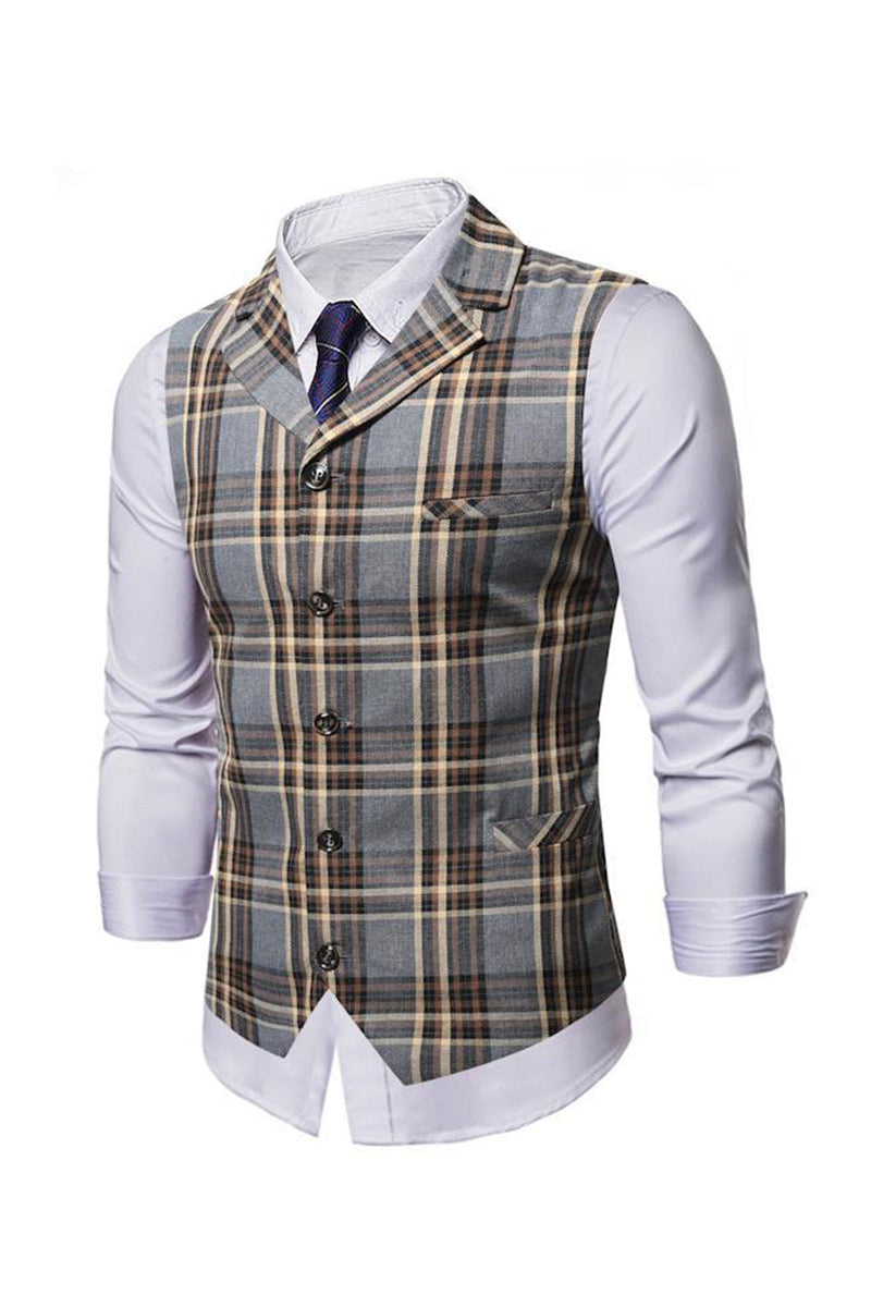 Afbeelding in Gallery-weergave laden, Check Single Breasted Grey Heren Casual Vest