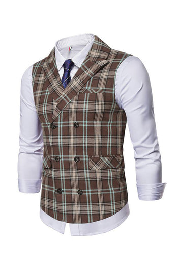Revers kraag Double Breasted Casual Koffie Heren Pak Check Vest