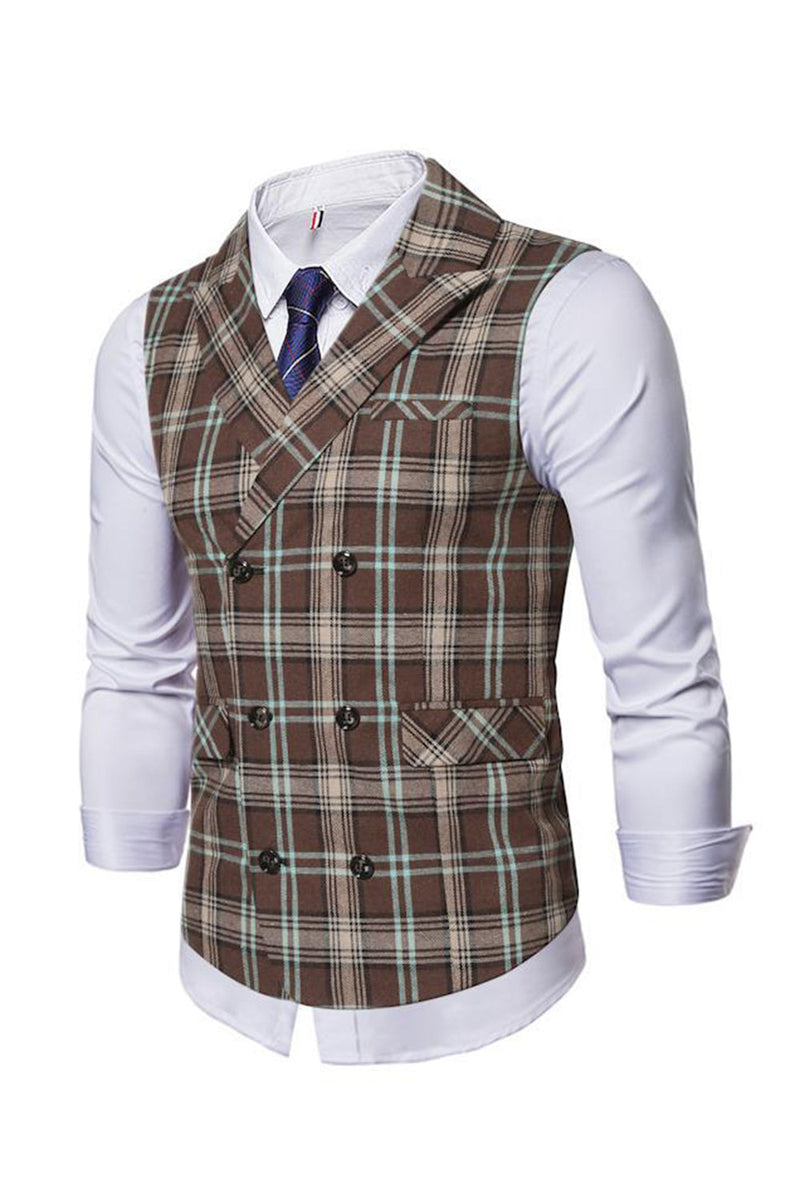 Afbeelding in Gallery-weergave laden, Revers kraag Double Breasted Casual Koffie Heren Pak Check Vest