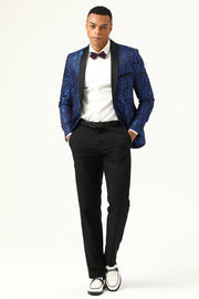 One Button Blue Shawl Revers Jacquard Heren Prom Blazer