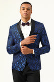 One Button Blue Shawl Revers Jacquard Heren Prom Blazer