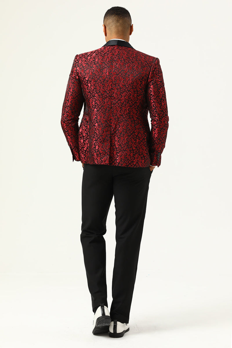 Afbeelding in Gallery-weergave laden, One Button Red Shawl Revers Jacquard Heren Prom Blazer