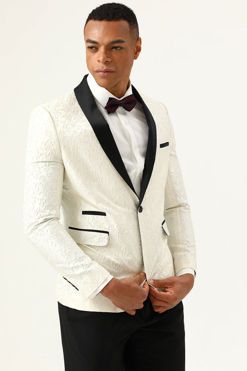 Afbeelding in Gallery-weergave laden, One Button Witte Sjaal Revers Jacquard Heren Prom Blazer