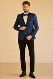 Blauwe Sjaal Revers Jacquard One Button Heren Gala Blazer