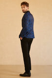 Blauwe Sjaal Revers Jacquard One Button Heren Gala Blazer