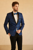 Blauwe Sjaal Revers Jacquard One Button Heren Gala Blazer