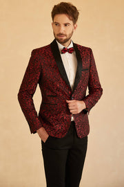 Red Shawl Revers Jacquard One Button Heren Prom Blazer