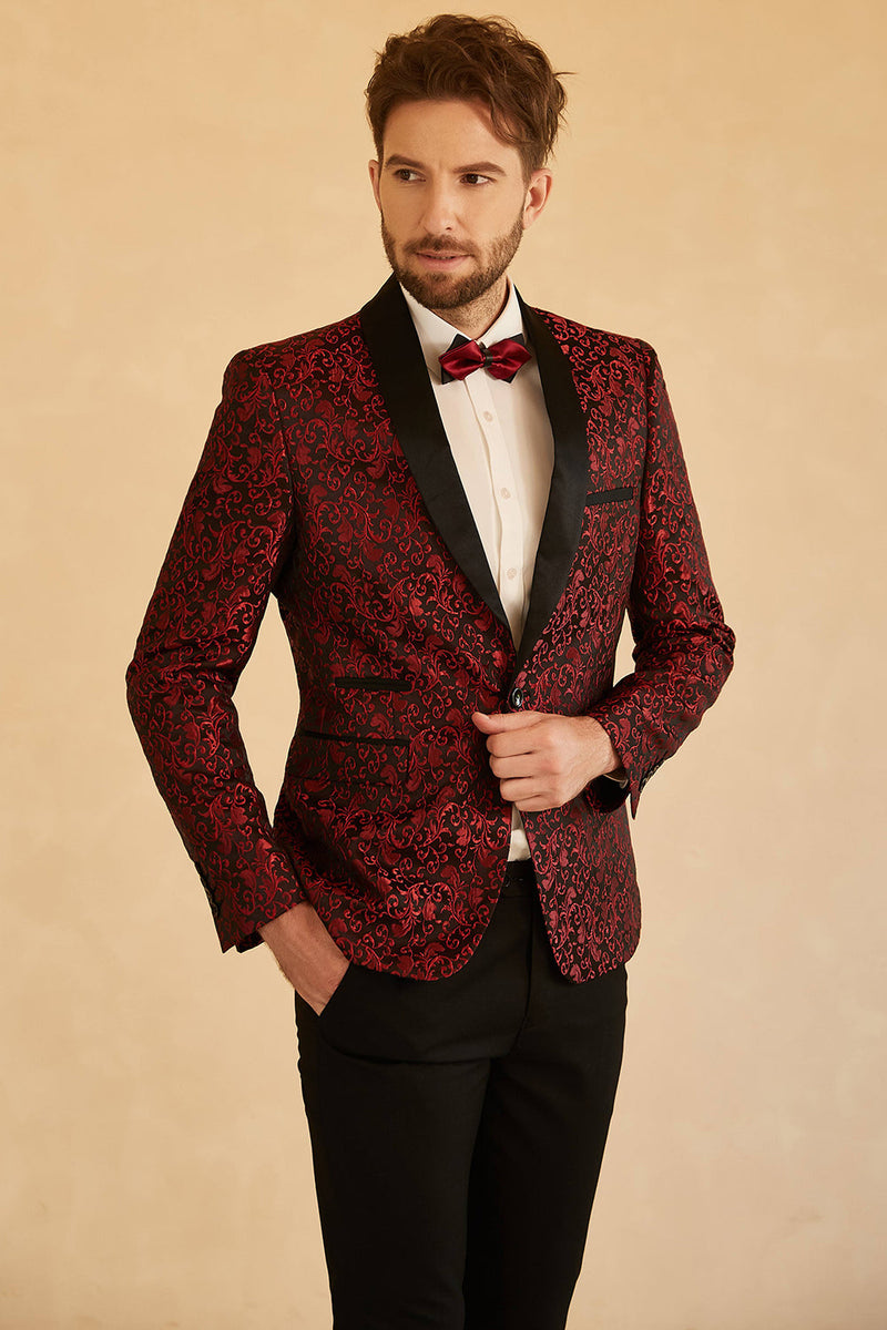 Afbeelding in Gallery-weergave laden, Red Shawl Revers Jacquard One Button Heren Prom Blazer