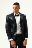 Zwart blauw single-breasted twee-knops bedrukte heren blazer