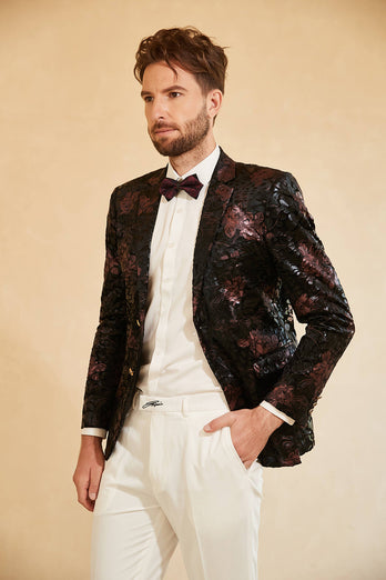 Zwart Rood Single-Breasted Two-Button Printed Heren Blazer
