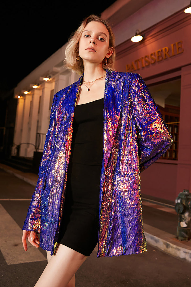 Afbeelding in Gallery-weergave laden, Sparkly Purple Pailletten Oversized Longline Prom Blazer Voor Vrouwen