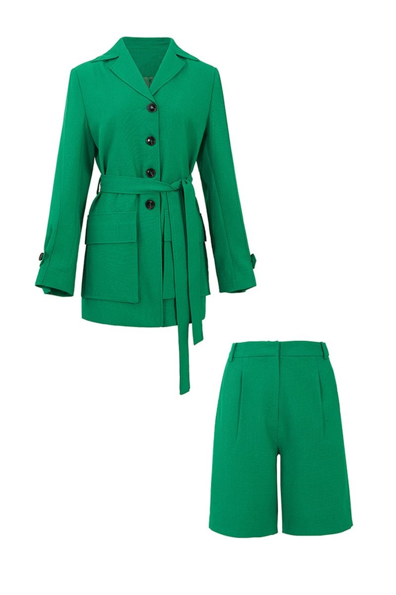 Afbeelding in Gallery-weergave laden, Green Belted Getailleerde Dames Shorts en Blazer Suit Set