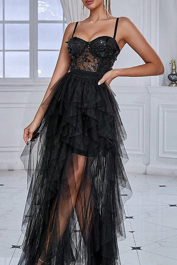 Glitter zwart korset spaghettibandjes lange formele jurk met ruches