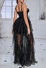 Afbeelding in Gallery-weergave laden, Glitter zwart korset spaghettibandjes lange formele jurk met ruches